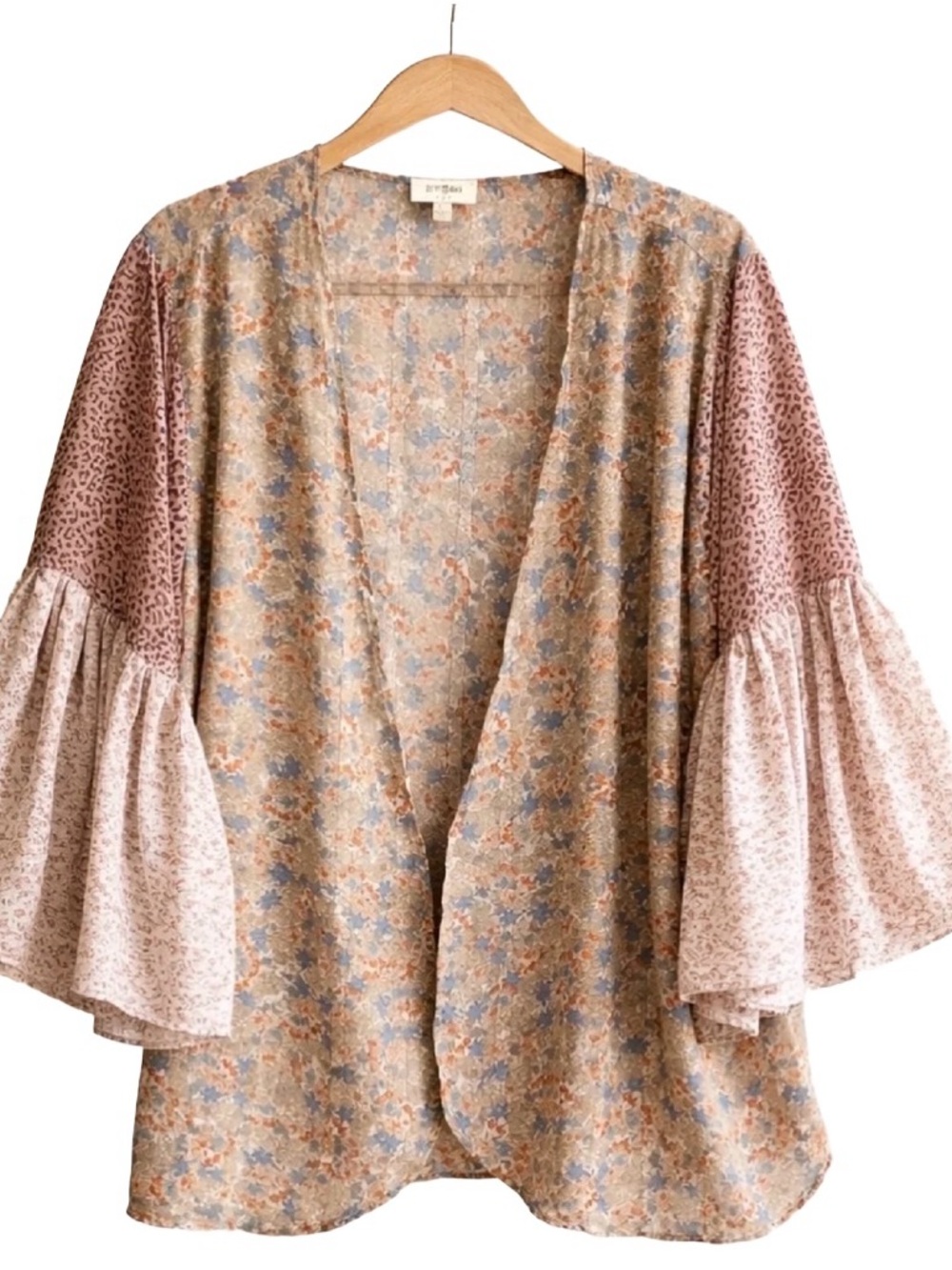 Umgee Floral Patchwork Kimono Cardigan in Dusty Rose and Tan